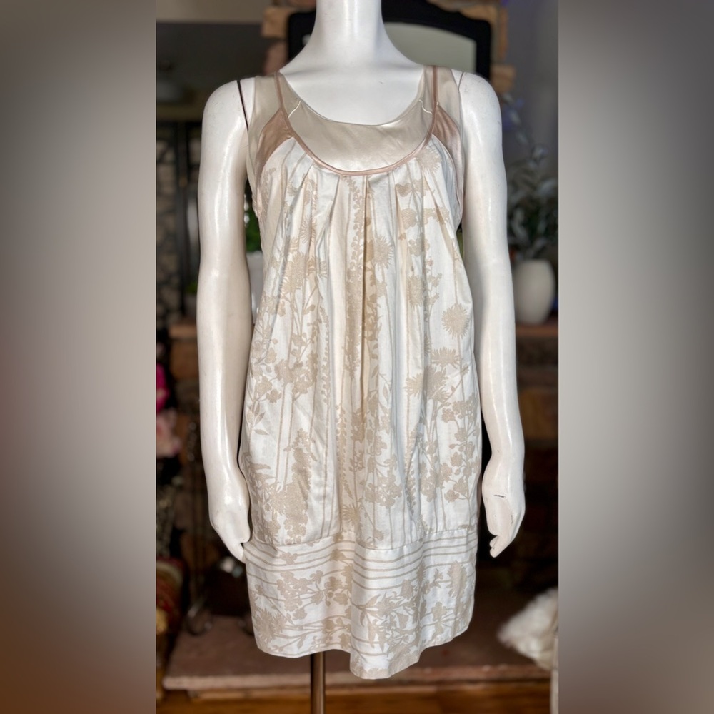 Harkham Tan & Cream 2 Layer Drop Waist Racerback Satin and Cotton Dress, Sz 10
